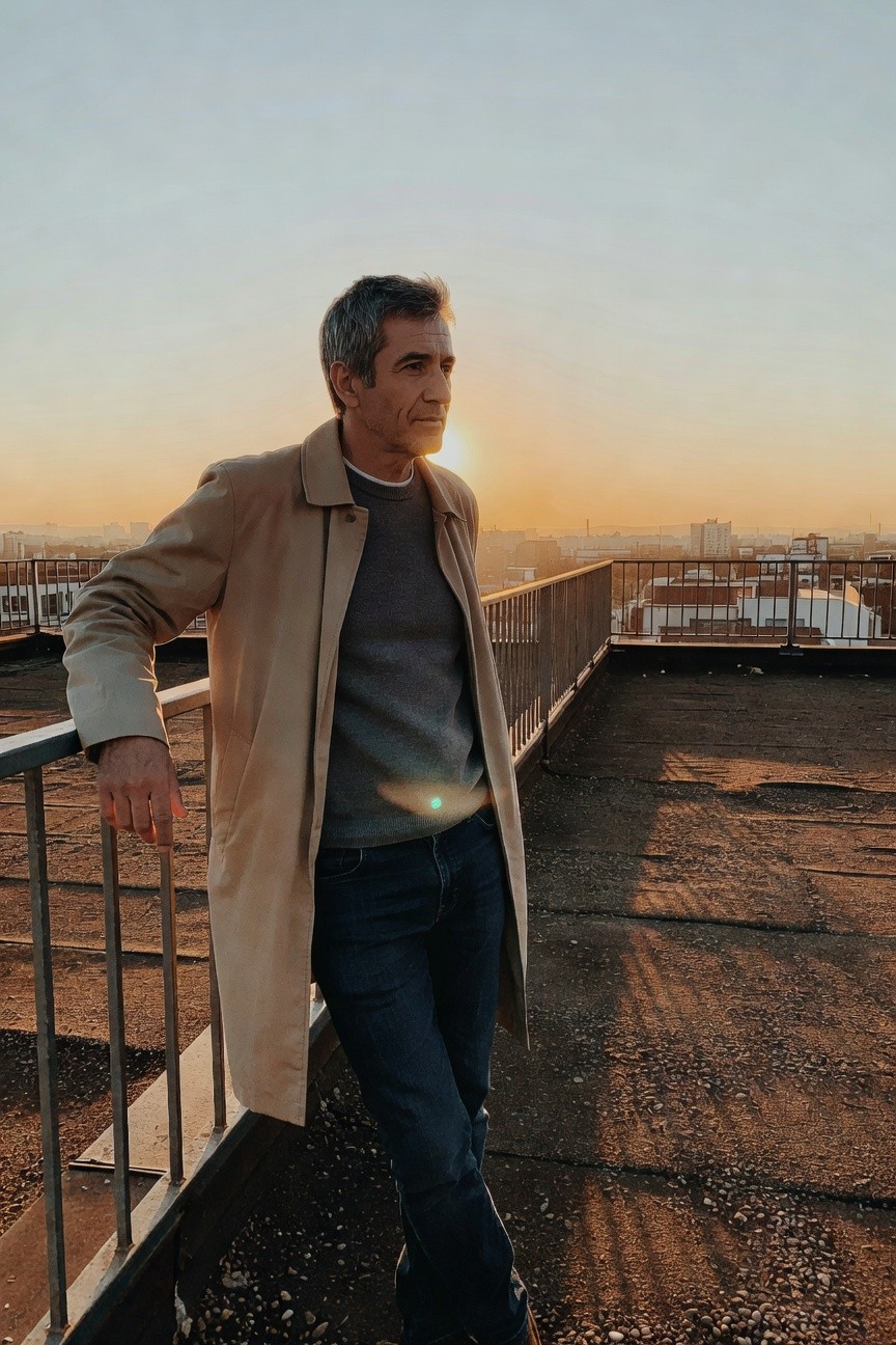 Silver-haired man in open beige trench coat over gray crewneck sweater and slim blue jeans, leaning casually on rooftop railing at sunset with city skyline and warm orange sky in background
