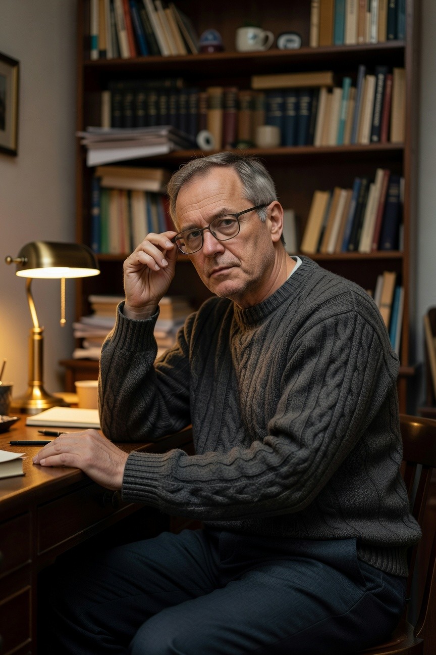 Middle-aged man in gray cable-knit sweater and dark trousers sits thoughtfully at wooden desk in book-filled study, green-shaded lamp glowing warmly
