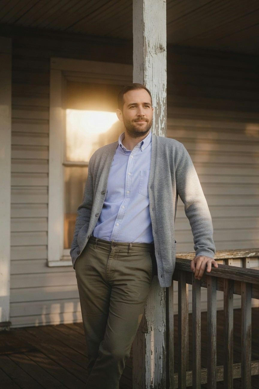 A man in a light blue button-up shirt under an open gray cardigan, paired with olive chinos, leaning casually against a porch post at sunset, evoking relaxed business casual confidence.