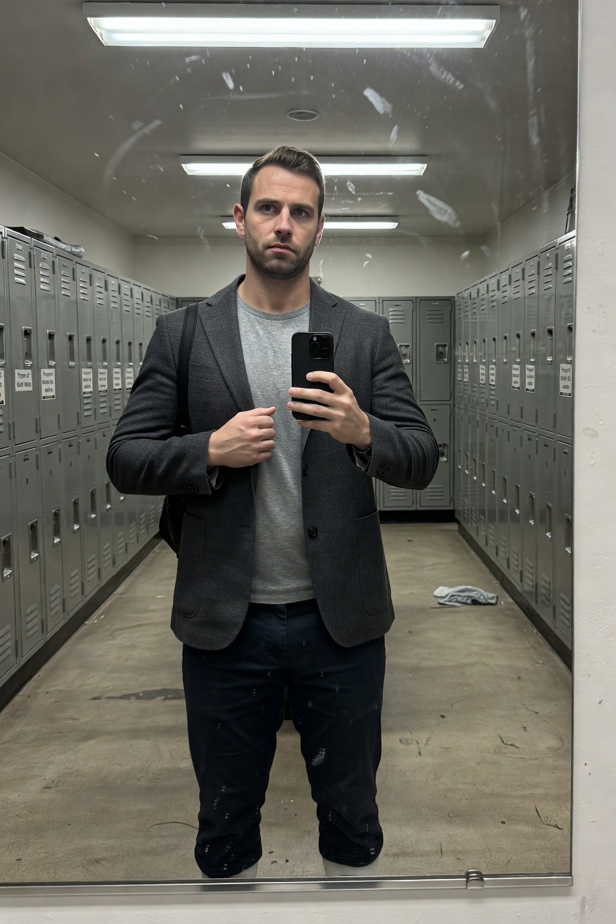 Man in charcoal gray blazer over light gray crewneck t-shirt and slim dark jeans poses confidently for mirror selfie in empty locker room with gray metal lockers and fluorescent lights overhead