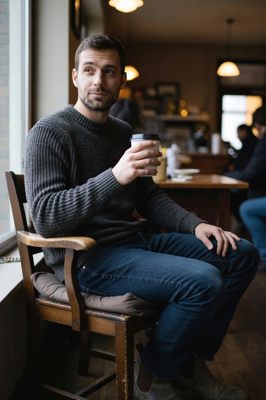 Man in charcoal gray crewneck sweater and dark slim jeans sits confidently by a cafe window holding a to-go coffee cup, wooden chair and warm lighting evoking relaxed business casual vibe