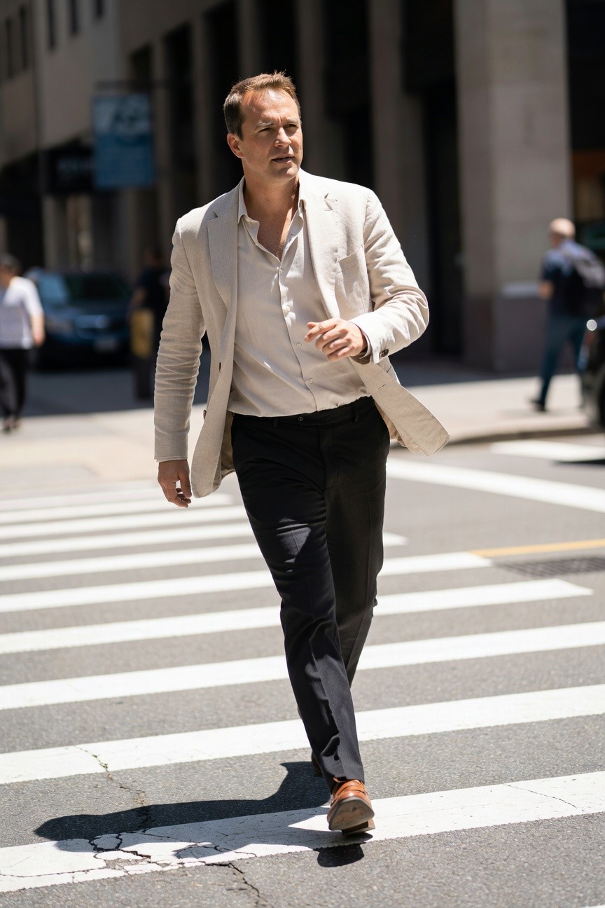 A man in a light cream blazer, white open-collar shirt, slim black trousers, and brown leather shoes strides confidently across a city crosswalk amid blurred urban traffic and buildings.