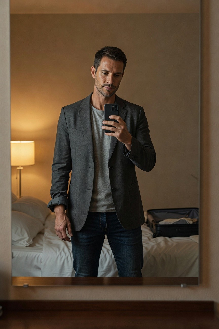 Handsome man in his 30s takes a mirror selfie in a hotel room, wearing a charcoal gray blazer over a white crewneck t-shirt, slim dark jeans, and a watch; suitcase on bed behind him, warm lamp light