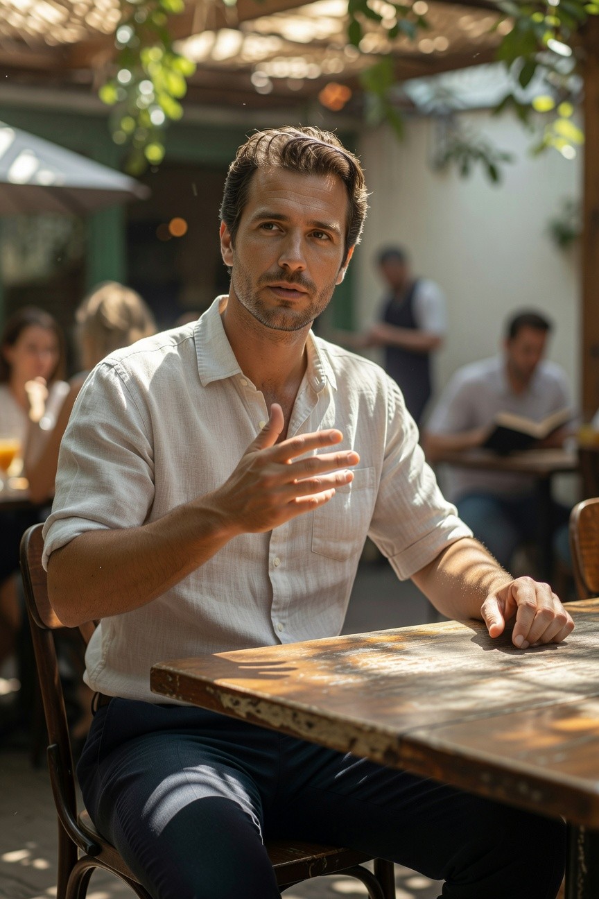 Man in white short-sleeve linen shirt and navy trousers gesturing animatedly at an outdoor cafe table under greenery, relaxed business casual style