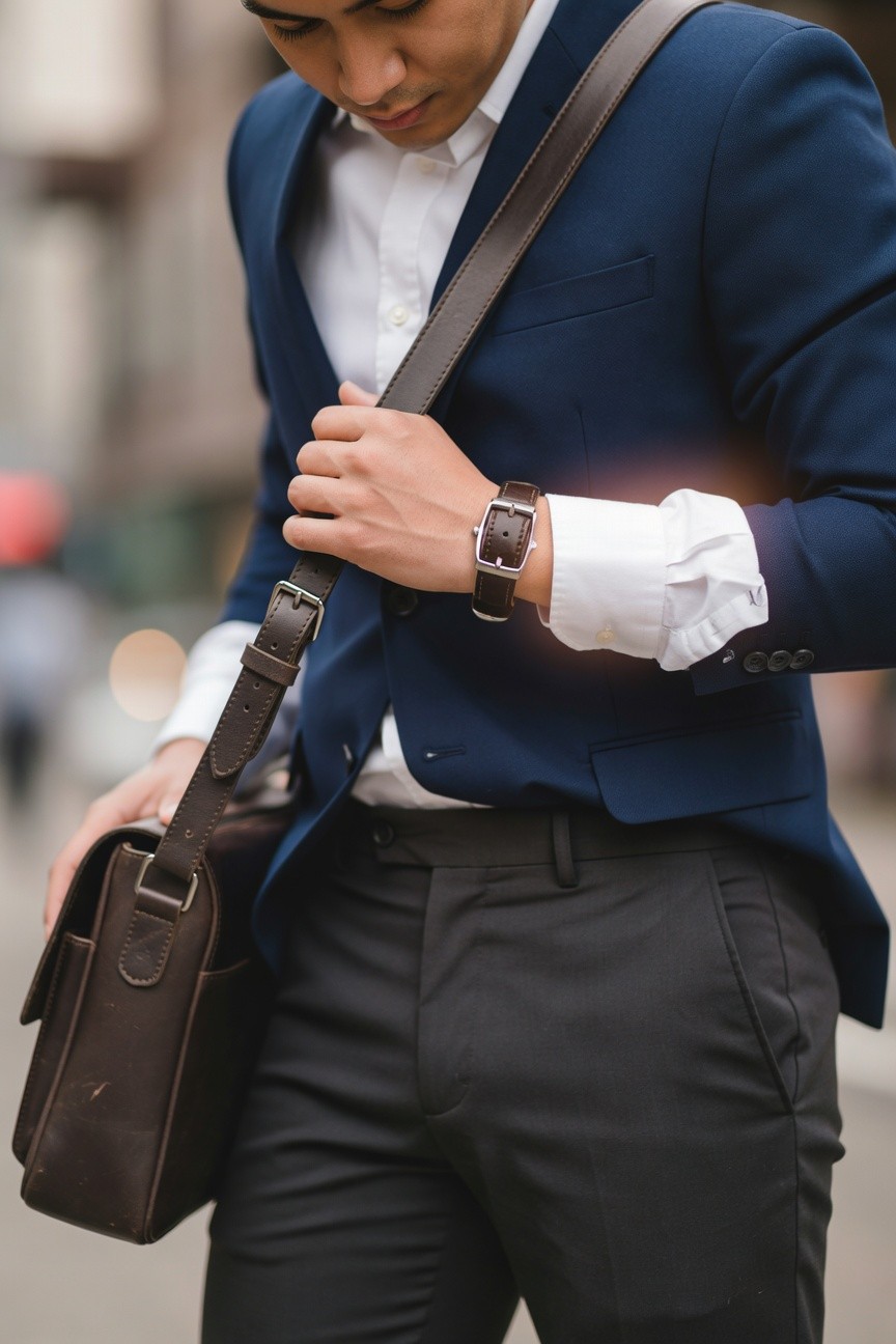 Young Asian man in slim navy blazer, white button-up shirt, slim gray trousers, brown leather messenger bag, and wristwatch, walking on urban street at dusk