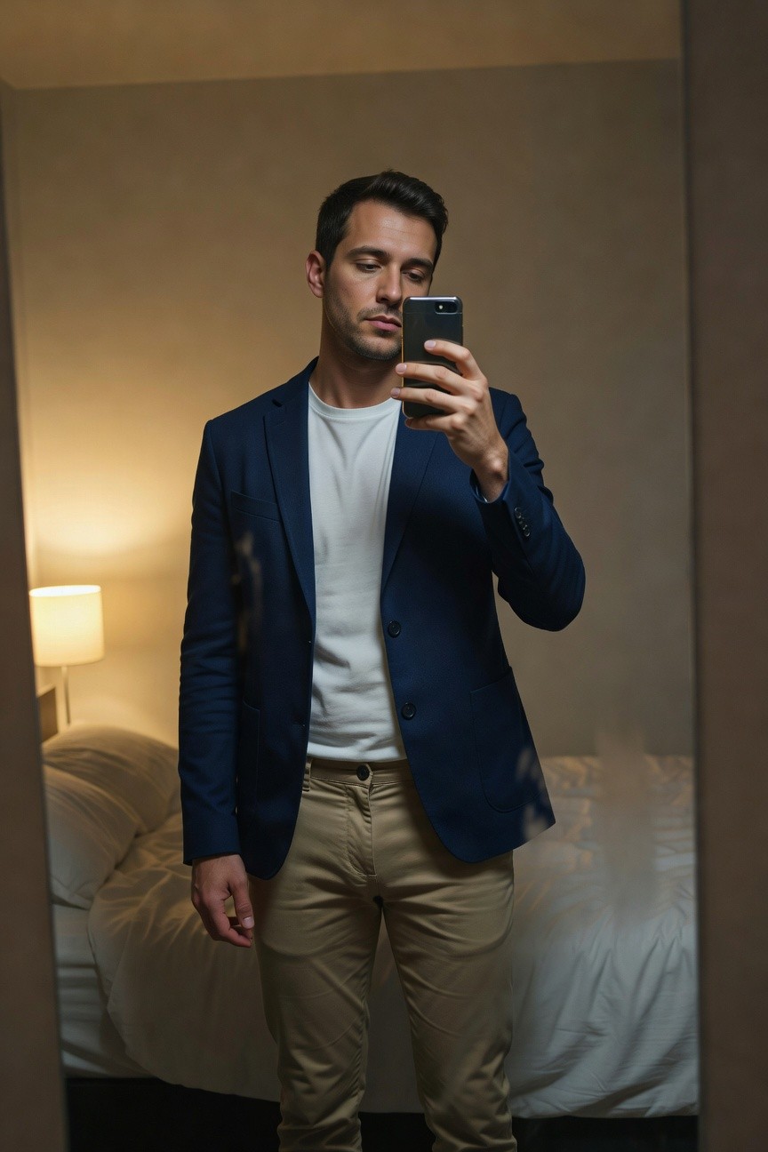 Man taking mirror selfie in navy blazer over white t-shirt tucked into slim khaki pants, hotel room with bed and lamp in background