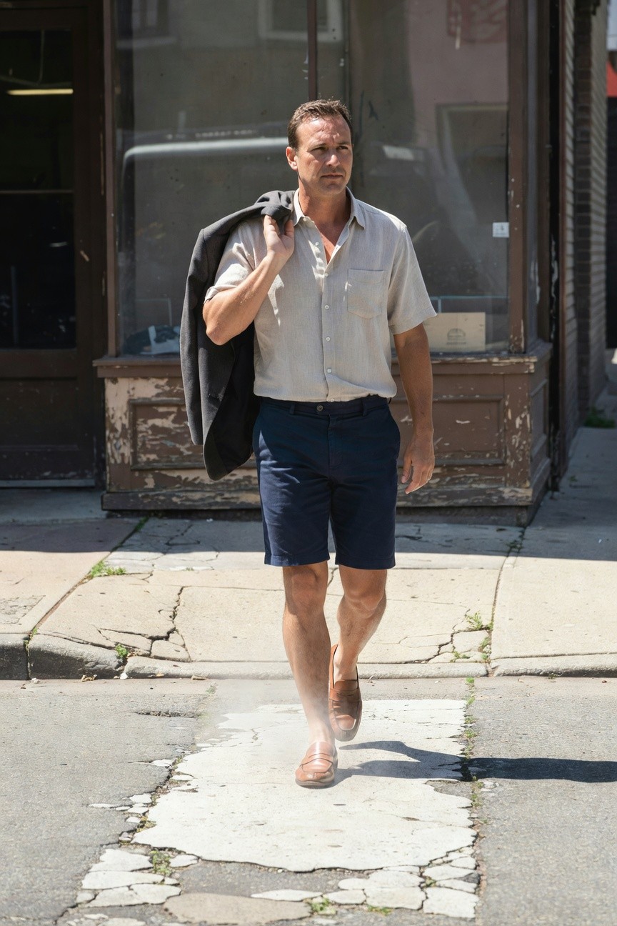 Confident man in his 40s walking urban sidewalk in beige short-sleeve linen button-up shirt, dark gray suit jacket draped over shoulder, tailored navy knee-length shorts, tan woven loafers, summer sunlight casting long shadows on cracked pavement