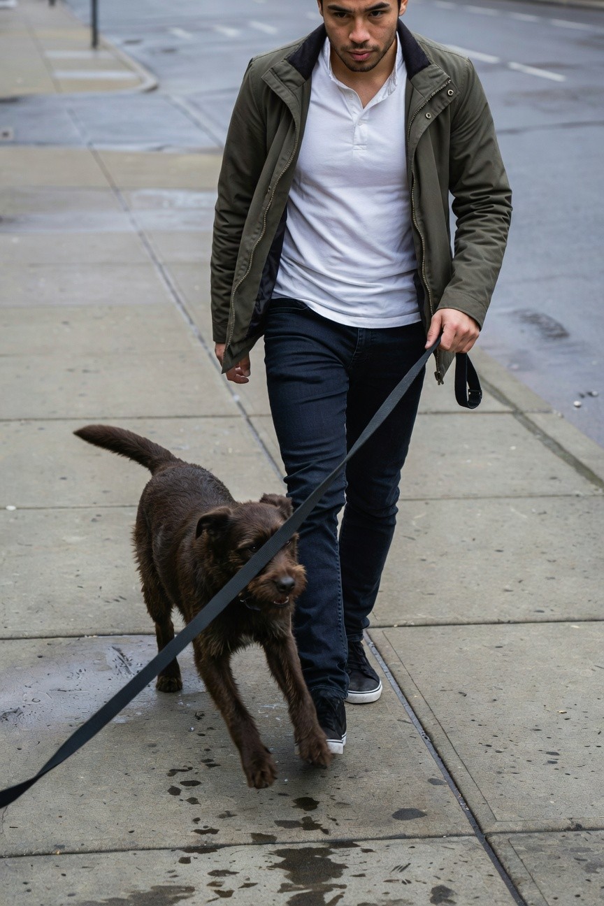 Man in olive green parka over white polo shirt, slim dark trousers, and white sneakers walks a wet brown dog on a rainy urban sidewalk, exuding relaxed business casual confidence