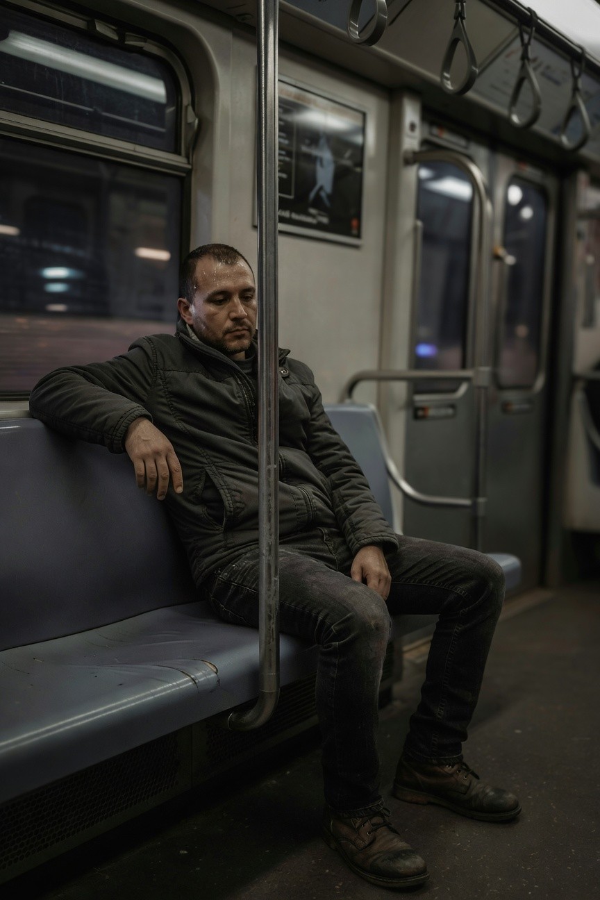 A man in a dark olive green parka jacket, dark slim pants, and black boots sits slouched on a blue subway seat at night, hand dangling loosely, gazing pensively out the window with urban lights blurring past.