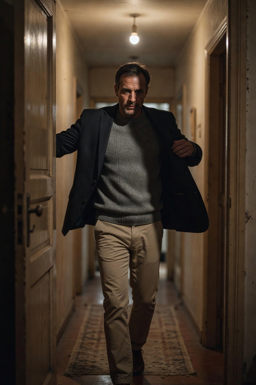 Man emerging from door in dimly lit wooden hallway, wearing open navy blazer over gray crewneck sweater, khaki chinos, and brown loafers, exuding poised business casual vibe
