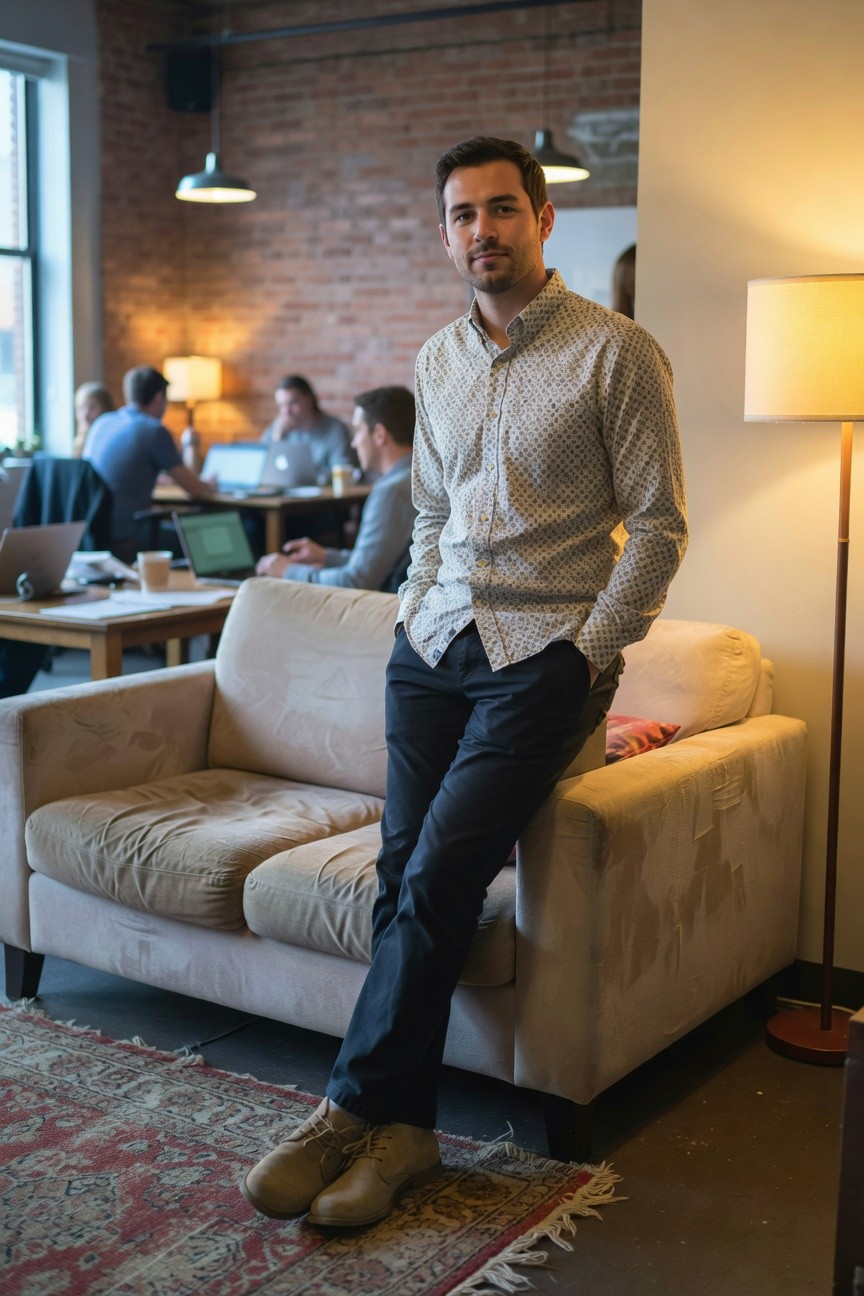 Man leaning casually against a beige sofa in a trendy brick-walled cafe, wearing a light gray patterned button-up shirt, slim navy trousers, and tan suede desert boots, with warm lighting from nearby lamps
