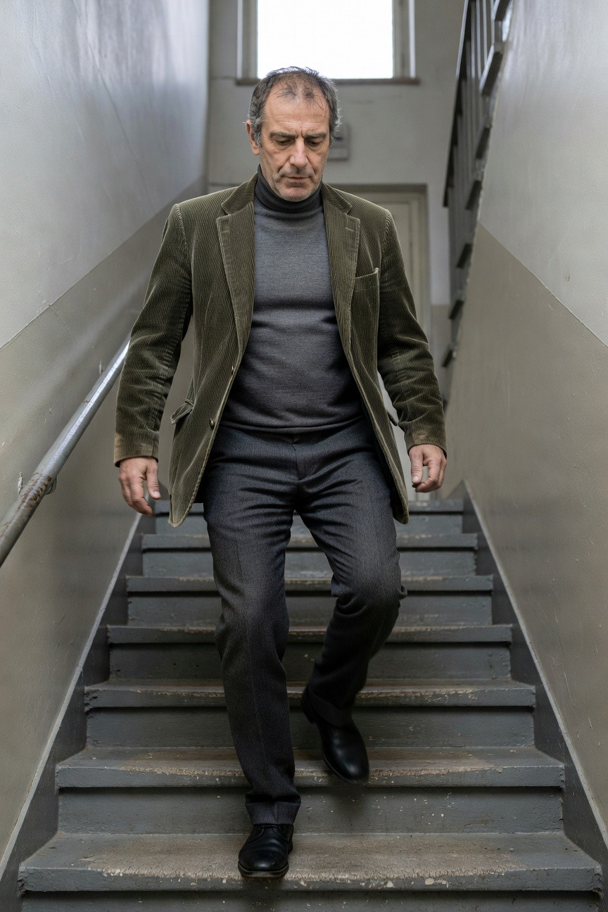 Middle-aged man ascending narrow concrete staircase in fitted green velvet blazer over gray turtleneck sweater, slim gray trousers, and black leather dress shoes, evoking sophisticated business casual poise