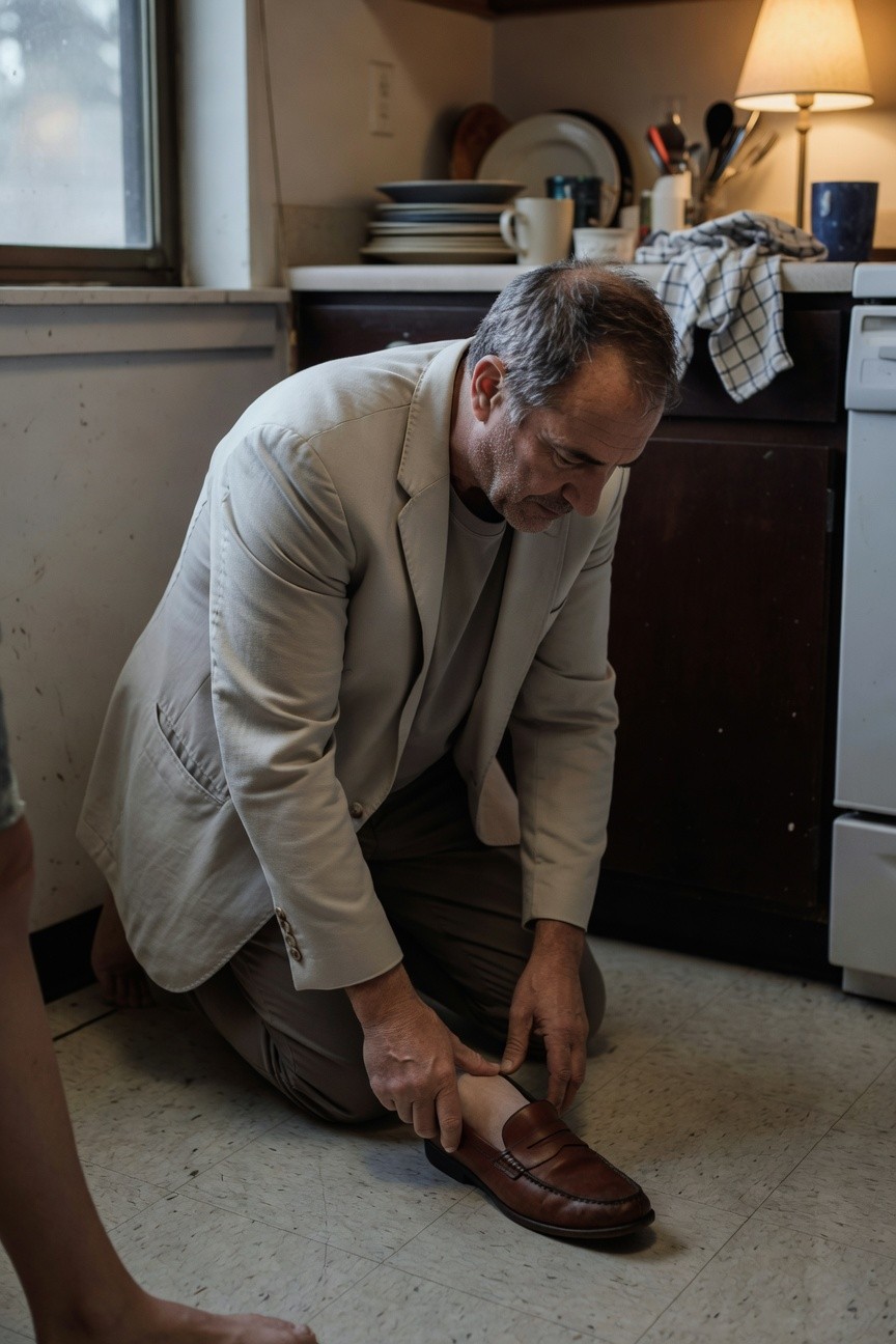 Middle-aged man kneeling barefoot on kitchen floor, slipping into a brown leather loafer while dressed in a light beige blazer over white shirt and matching cuffed pants, evoking relaxed summer sophistication