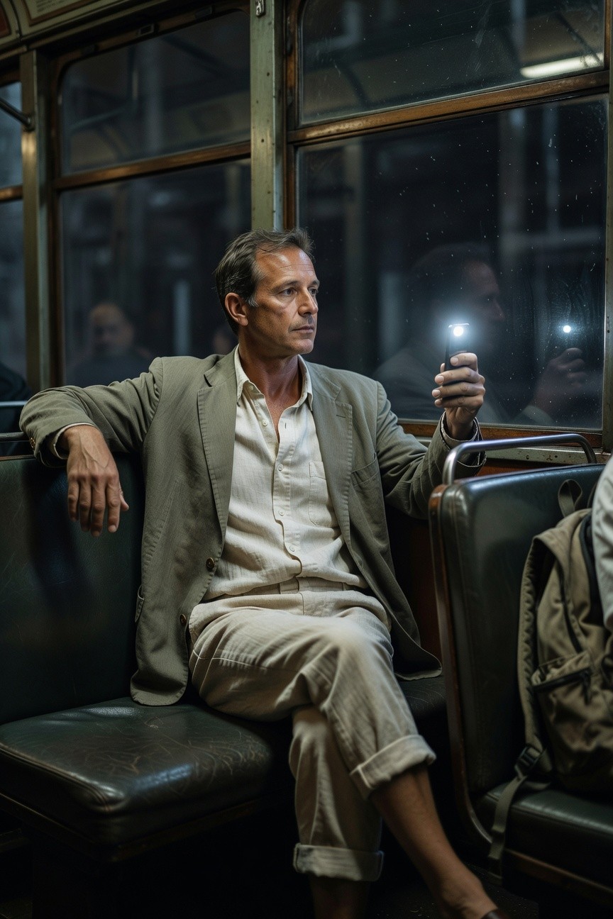 Middle-aged man in open light linen suit jacket, white shirt, rolled beige pants, and bare feet sits relaxed on vintage tram seat at night, holding phone with flashlight on, moody window reflections behind