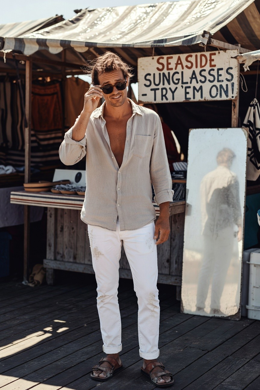 A man stands confidently at a seaside sunglasses stall on a wooden pier, wearing an open beige linen shirt, distressed white linen pants, and leather sandals, holding sunglasses while checking his reflection in a mirror behind the colorful striped tent.