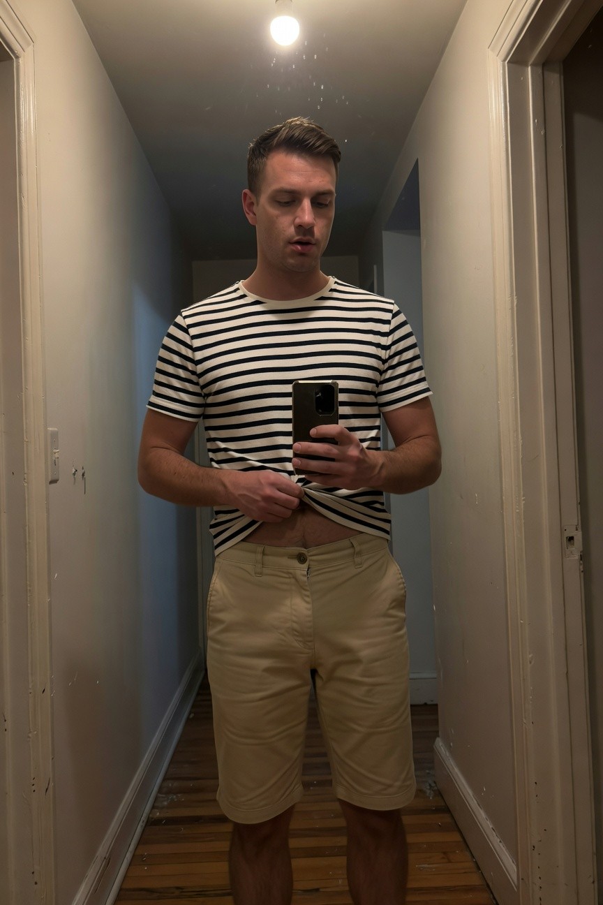 Man in narrow hallway selfie, black-and-white horizontal striped short-sleeve cotton tee tucked into mid-thigh light khaki chino shorts, phone in hand, neutral walls and wood floor backdrop