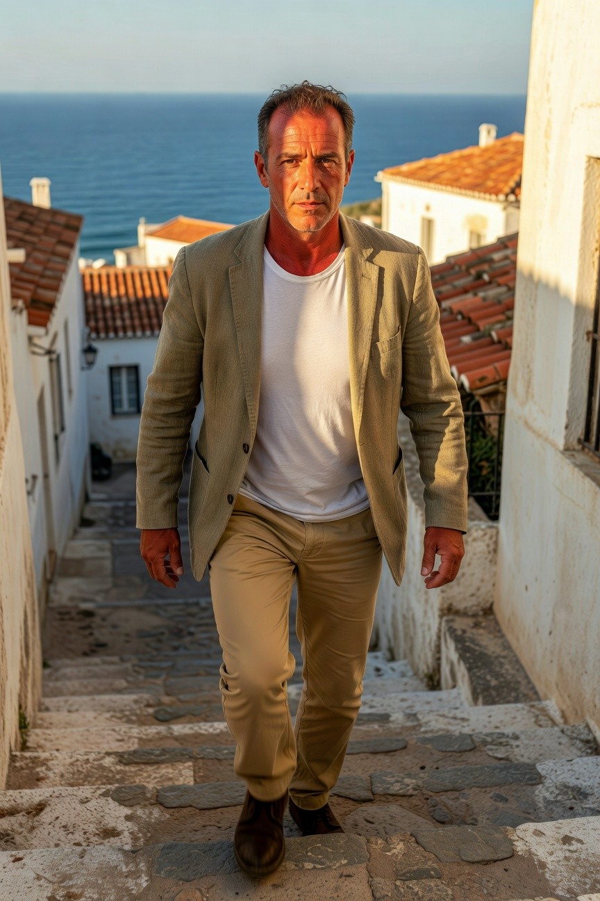 Man in beige linen blazer over white t-shirt, matching beige trousers, and brown loafers, striding down sunlit white stone steps in a cliffside Mediterranean village with red-tiled roofs and ocean view