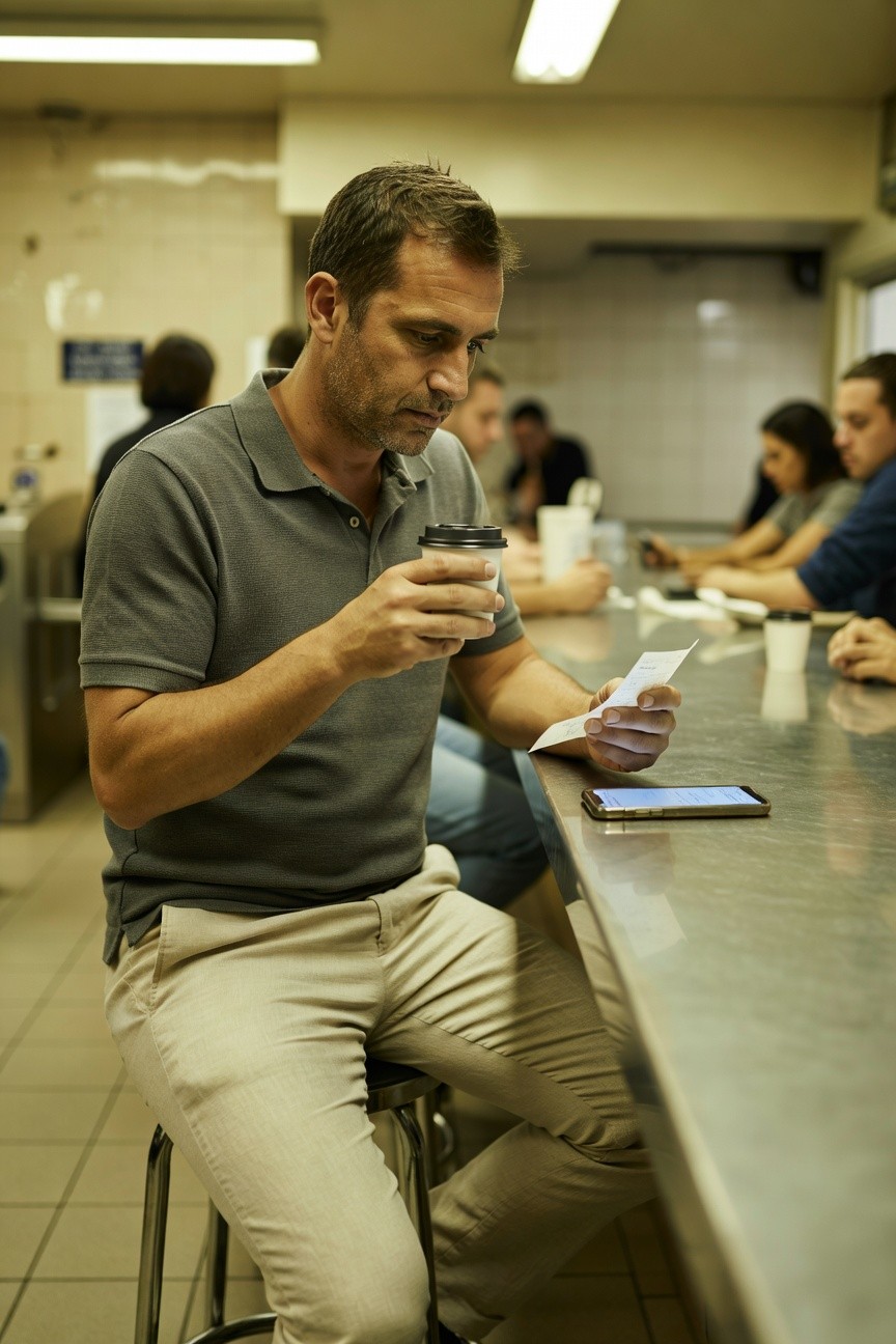 Man in grey polo shirt and beige chinos sits at stainless steel counter in modern kitchen, holding coffee cup and paper, surrounded by colleagues