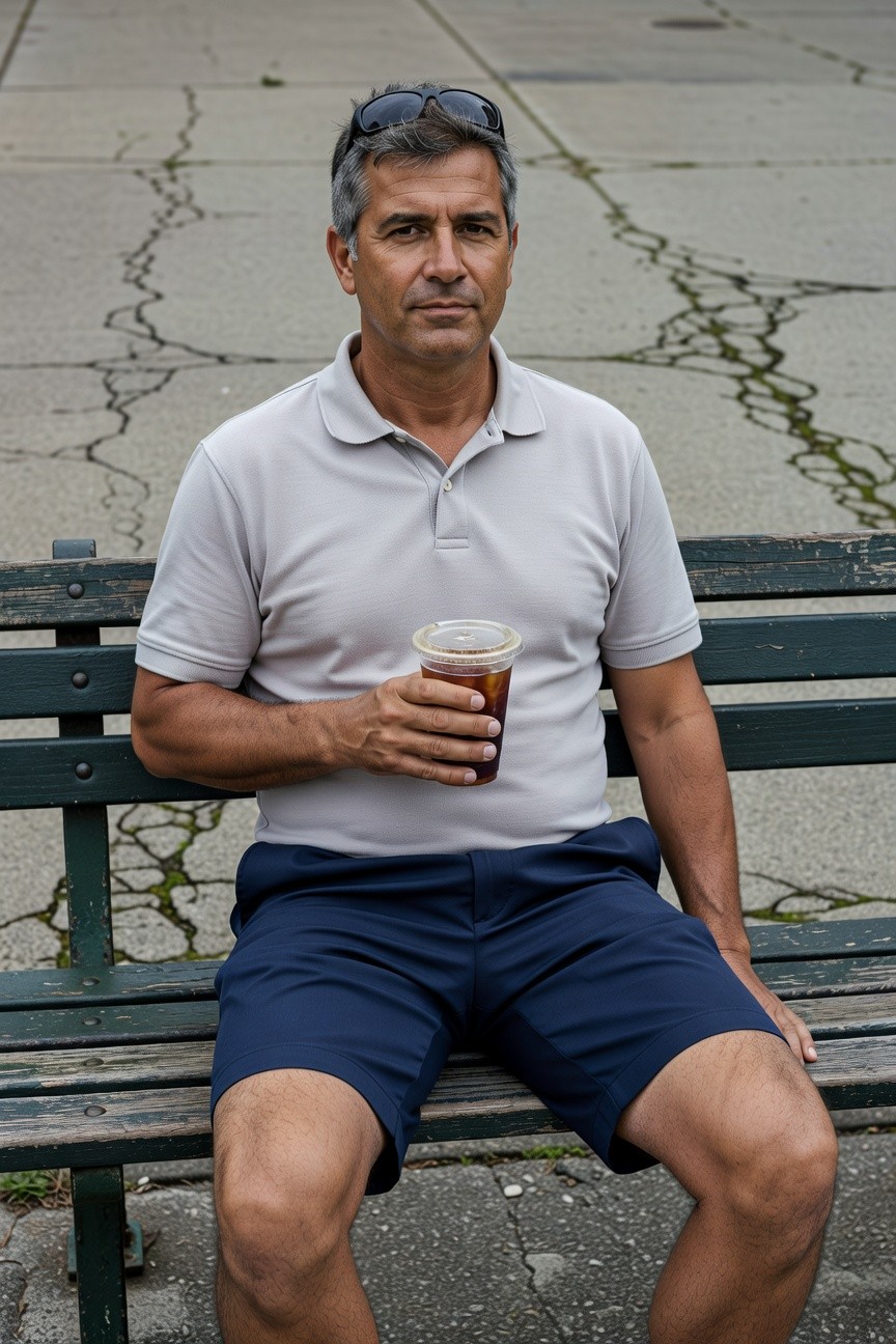 Middle-aged man with short dark hair and sunglasses perched on head, wearing a light gray short-sleeve polo shirt tucked loosely into navy knee-length shorts, seated on a green park bench holding a clear cup of iced coffee, cracked concrete pavement and urban greenery in background