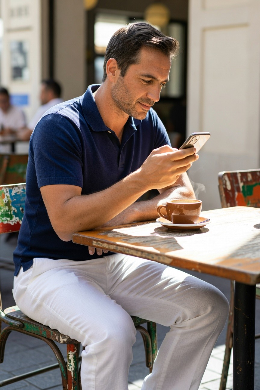 Handsome man in navy short-sleeve polo shirt and white slim chinos sits at outdoor cafe table, checking phone over coffee cup, evoking relaxed European summer style