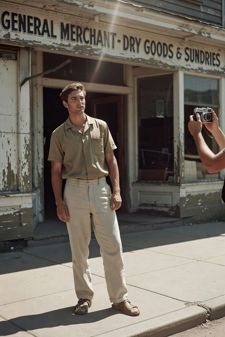 Handsome man in relaxed olive green short-sleeve button-up shirt with open collar, paired with high-waisted wide-leg khaki trousers and tan leather sandals, posing confidently outside a weathered General Merchant dry goods store under bright sunlight, with a photographer capturing the moment