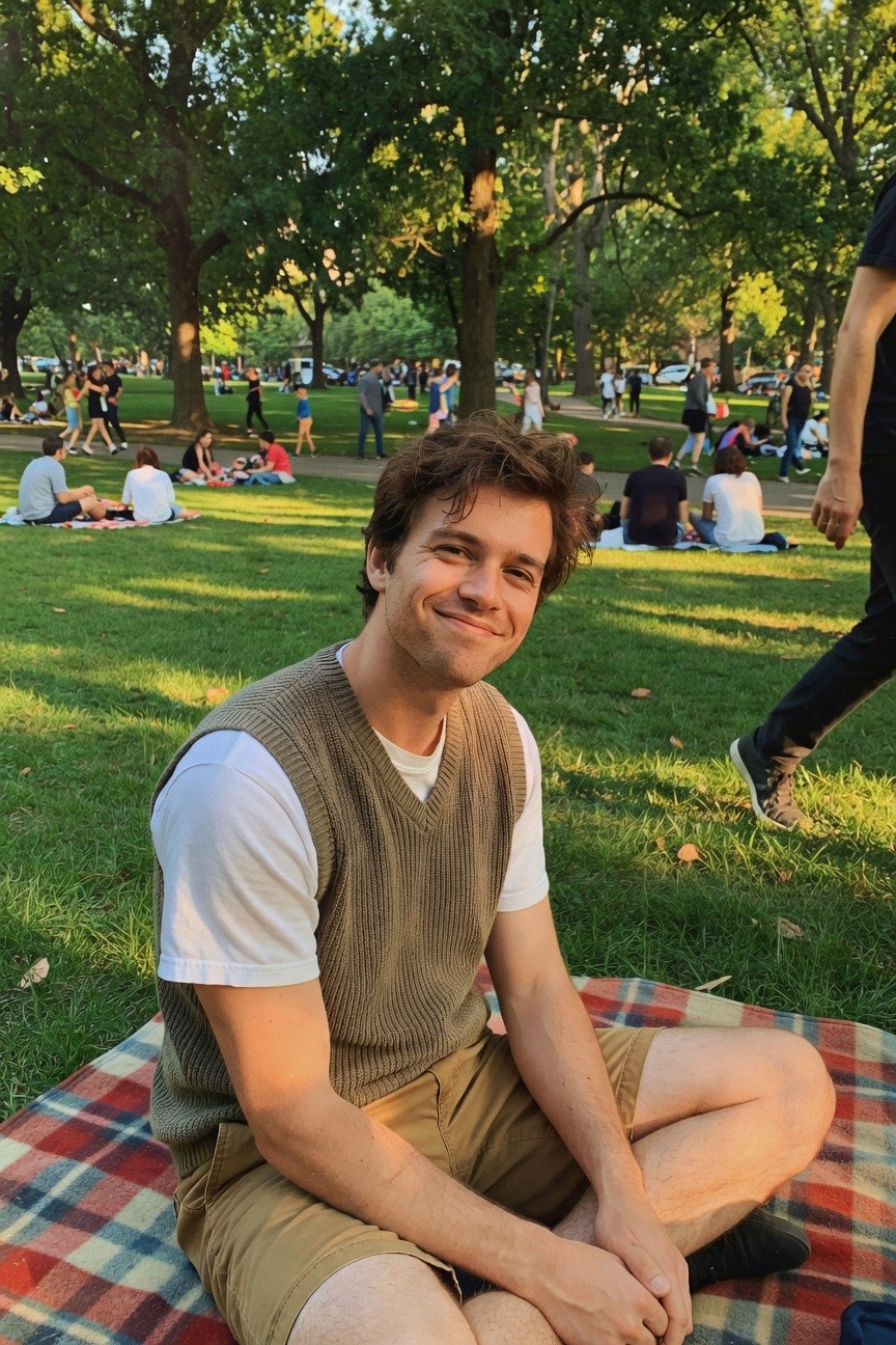 Smiling young man with tousled brown hair sits cross-legged on a red plaid picnic blanket in a sunny park, wearing an open olive-green knitted sleeveless vest over a white crewneck t-shirt, khaki shorts, black socks, and sneakers, surrounded by green grass, trees, and picnickers in the background