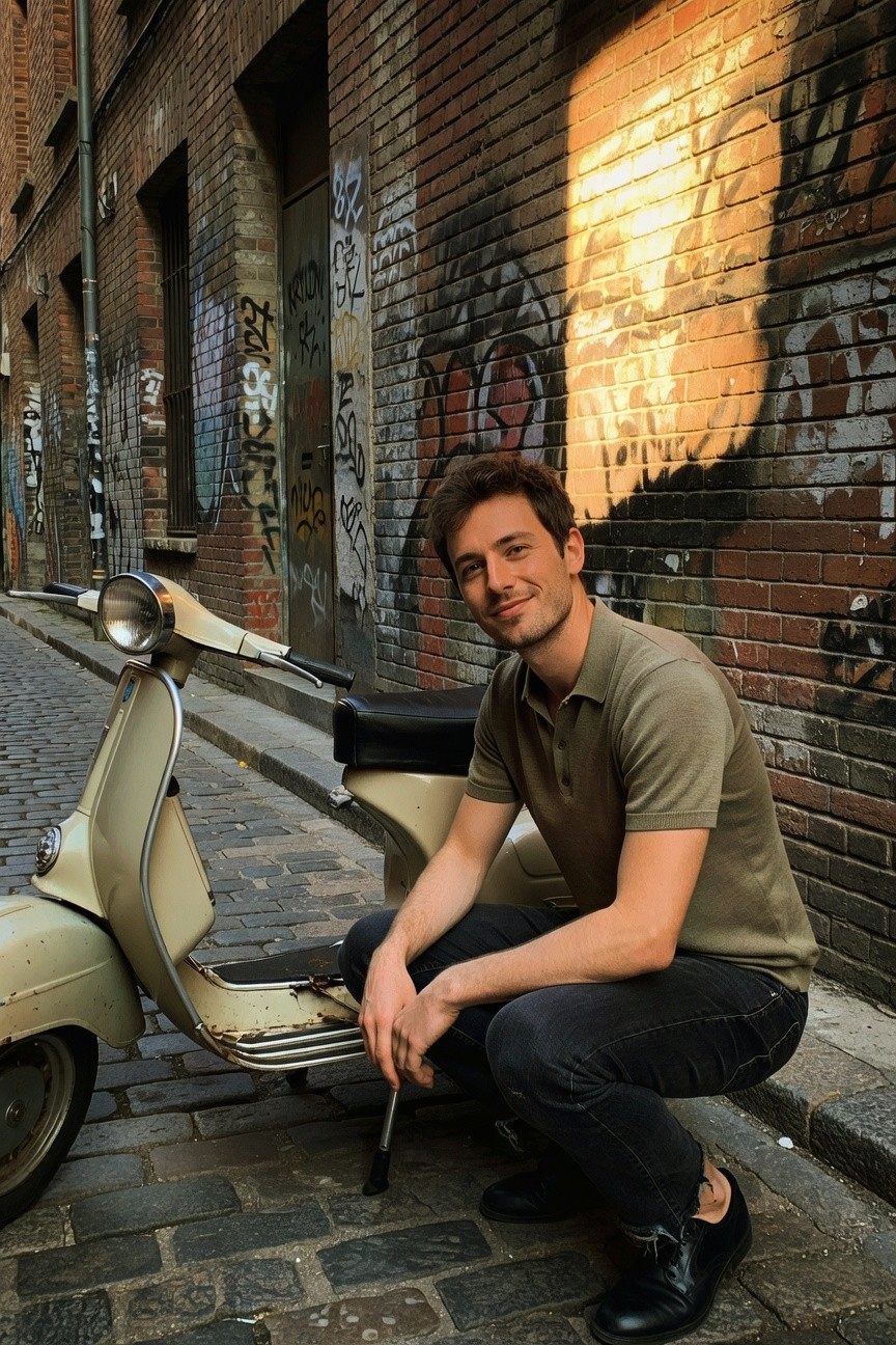 A young man with tousled brown hair smiles confidently while kneeling beside a cream-colored vintage Vespa scooter on a cobblestone alley lined with red brick walls and vibrant graffiti; he wears a short-sleeve olive green polo shirt, slim dark jeans, and black leather shoes, capturing casual elevated European summer style.