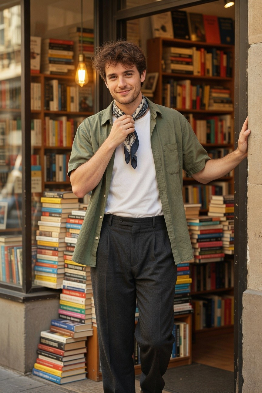 Handsome man in open sage green short-sleeve shirt over white t-shirt, black silk scarf knotted at neck, wide-leg black pleated trousers, posing casually outside a colorful bookstore filled with stacked books