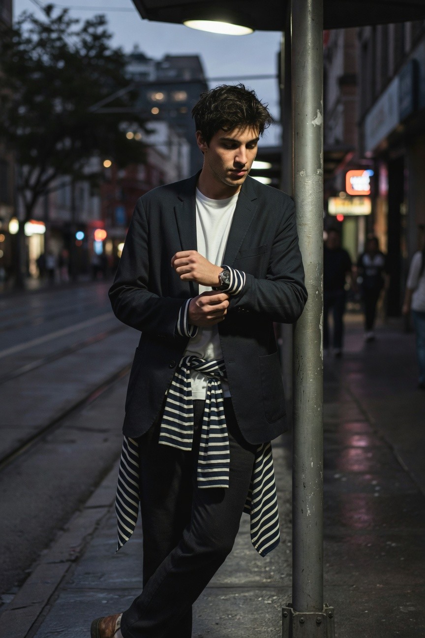 Stylish young man leaning against a metal tram stop pole at dusk in a dark navy blazer over white t-shirt with black-and-white striped shirt knotted at waist slim dark trousers brown loafers urban street scene with wet pavement neon signs passersby