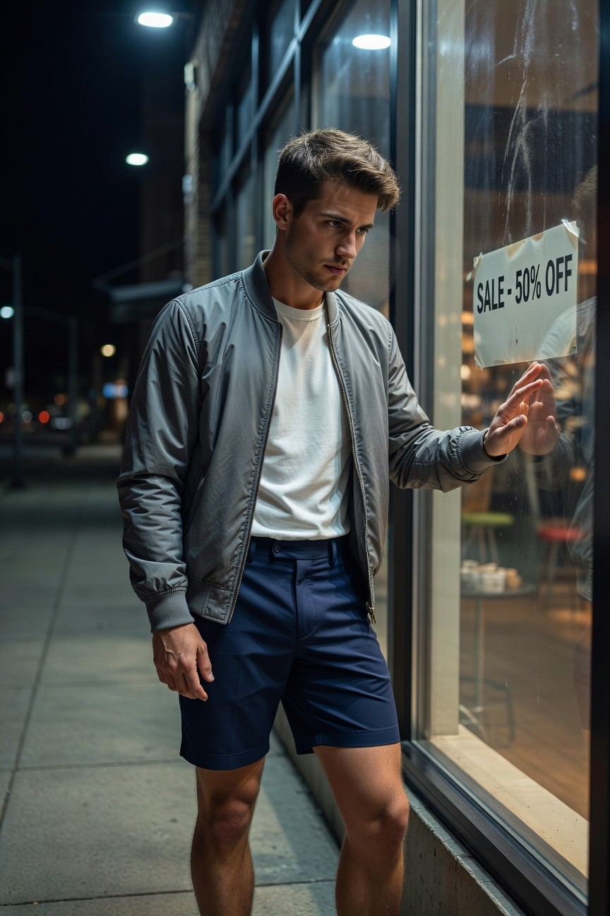 A stylish man in a light gray bomber jacket, white crewneck t-shirt, and navy tailored shorts stands outside a shop window at night, examining a 50% off sale sign under glowing streetlights