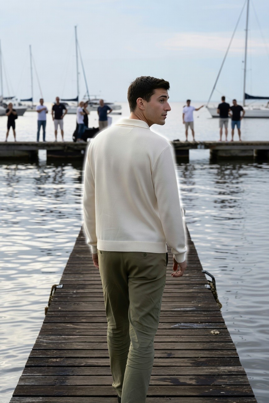 Rear view of a young man in a cream cable-knit polo sweater and slim khaki chinos walking down a wooden pier toward a marina at dusk, with sailboats, friends on the dock, and calm water in the background