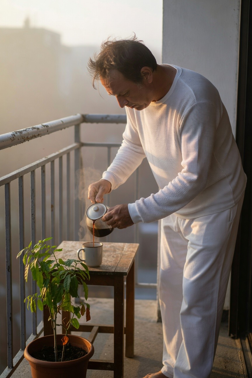 Middle-aged man in all-white long-sleeve shirt and loose pants stands barefoot on a foggy balcony at dawn, pouring steaming tea from a metal pot into a mug on a wooden table beside a potted plant