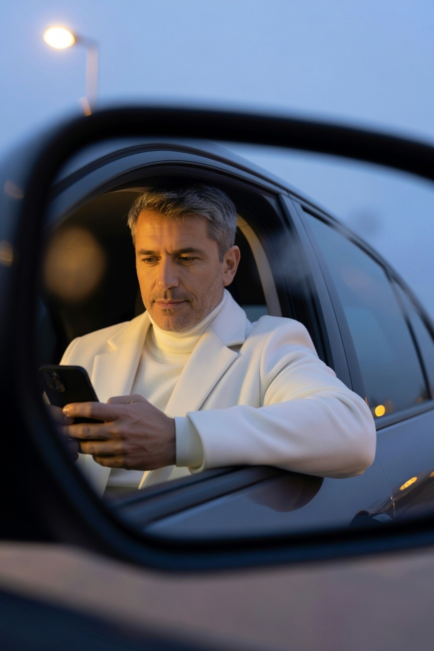 Silver-haired man in a tailored white suit jacket and white turtleneck sits in a dark car at dusk, viewed closely through the side mirror, intently checking his phone under a glowing streetlamp.
