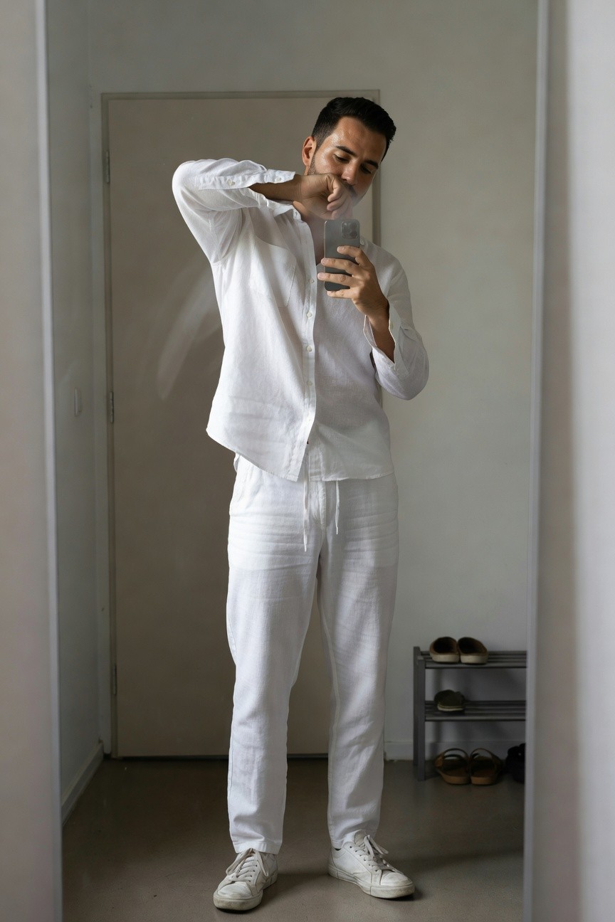 A man takes a mirror selfie in an all-white outfit, wearing a long-sleeved white linen shirt with open collar, matching wide-leg white linen trousers, and white sneakers, standing in a minimalist hallway with a beige door and shoe rack nearby