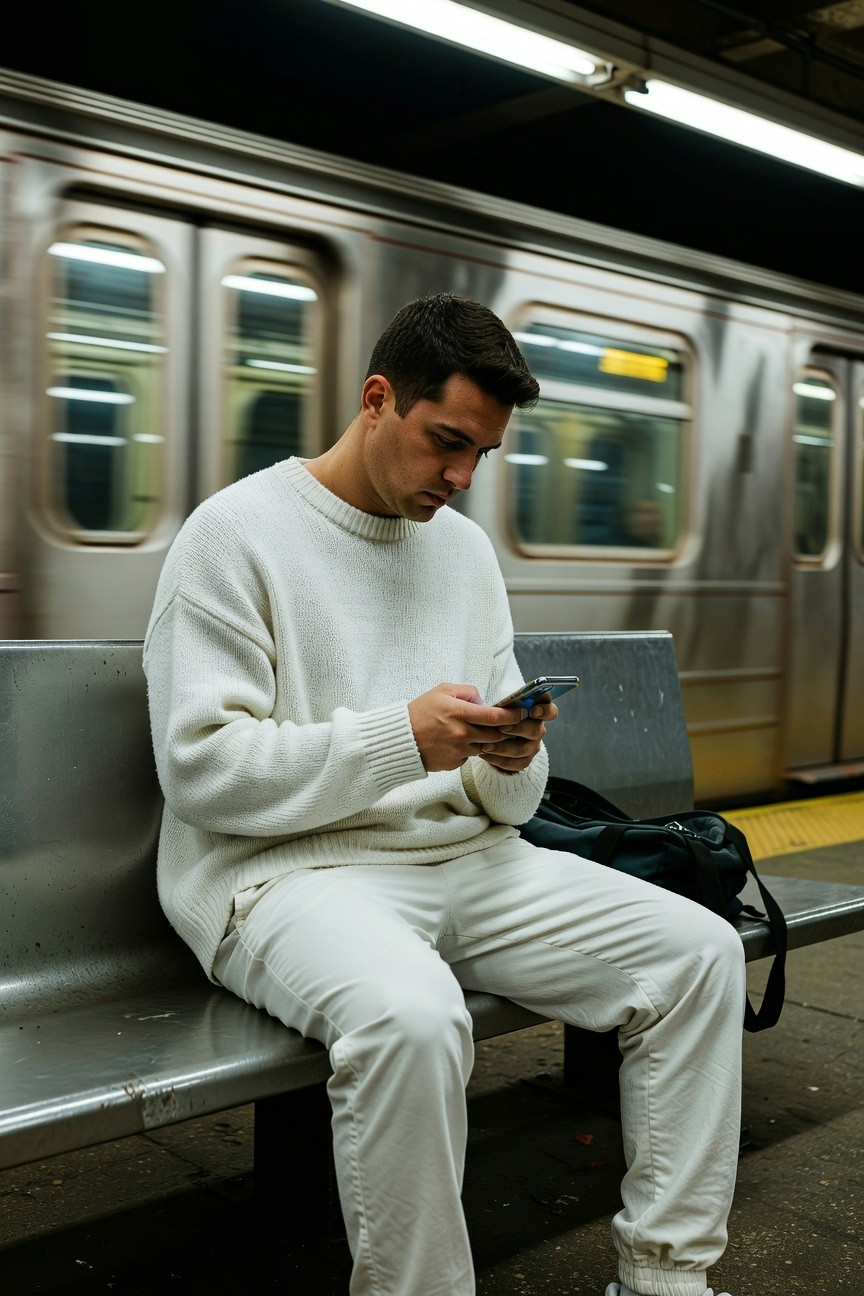 A man sits on a subway platform bench in an all-cream outfit: oversized knit crewneck sweater, wide-leg trousers, and white sneakers, checking his phone as a train arrives in the background, lit by fluorescent lights.