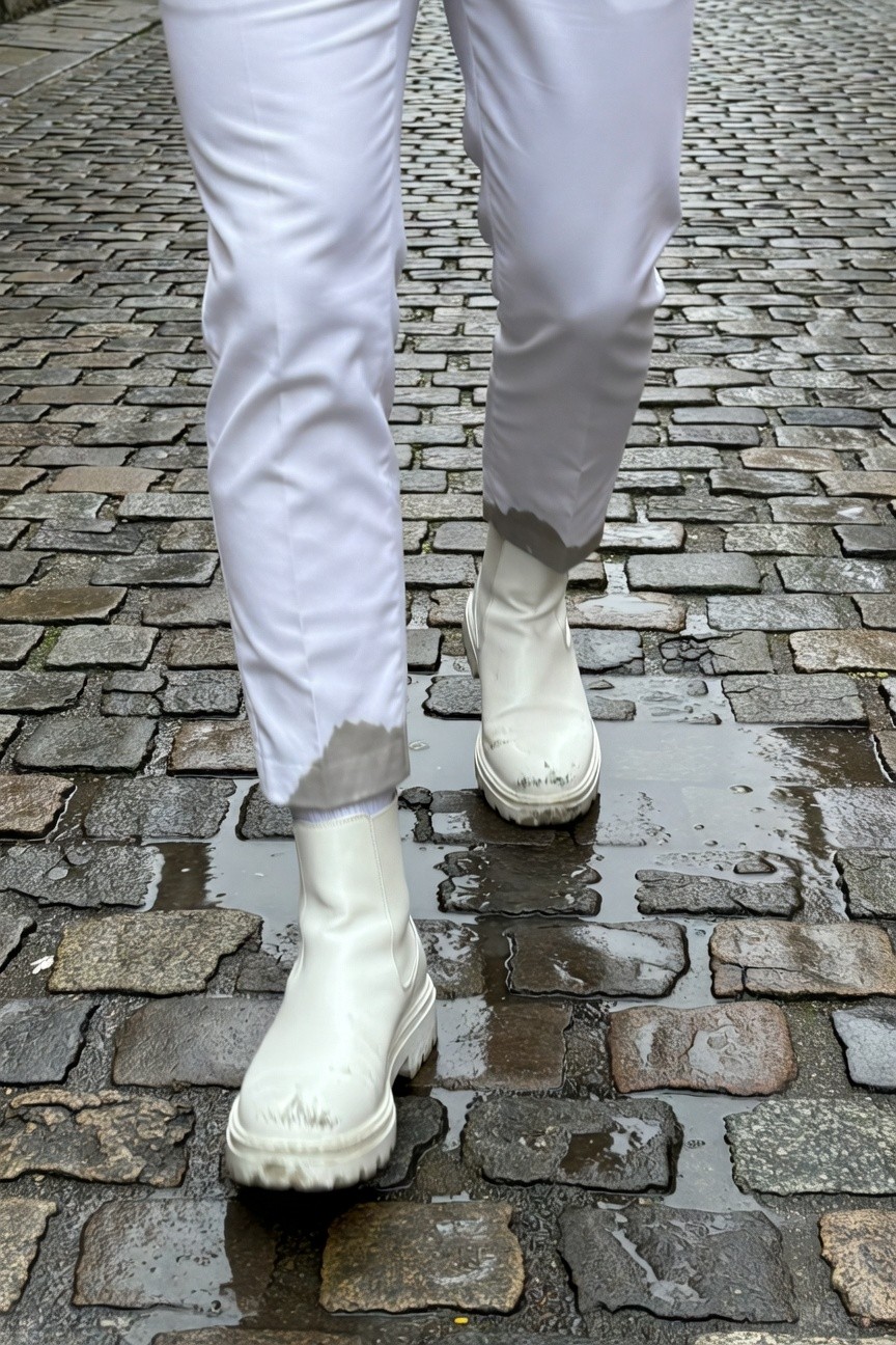 A man strides confidently on a rainy cobblestone street in loose white wide-leg pants with slightly muddied hems tucked into tall white chunky lug-sole boots, all against a gray urban backdrop.
