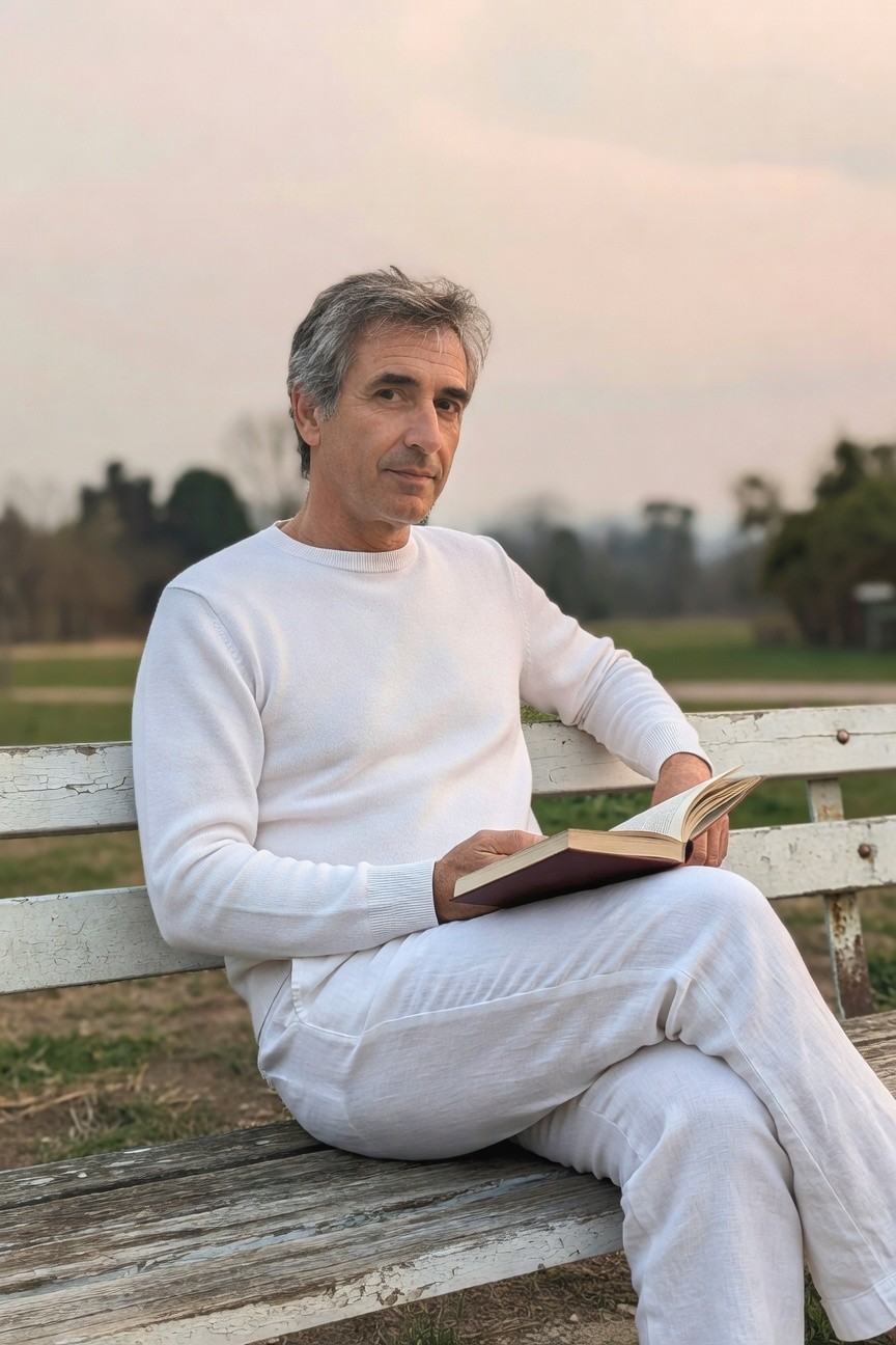 Silver-haired man in all-white knit sweater and loose trousers sits on a weathered park bench at dusk, reading an open book with green fields and pink sky behind him