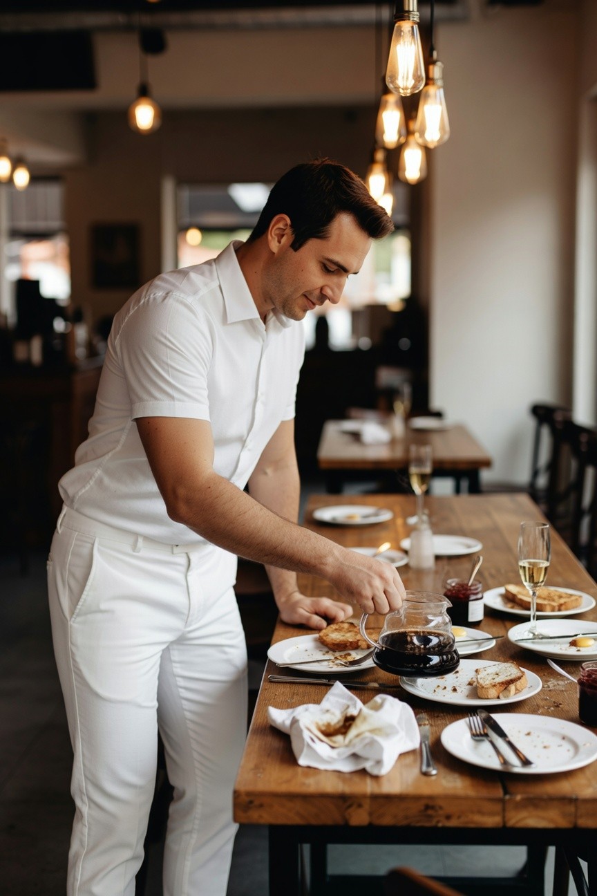 Handsome man in short-sleeve white button-up shirt and slim white pants bending over a wooden restaurant table to plate food on white dishes garnished with jam and bread, smiling warmly amid pendant lights and bistro seating