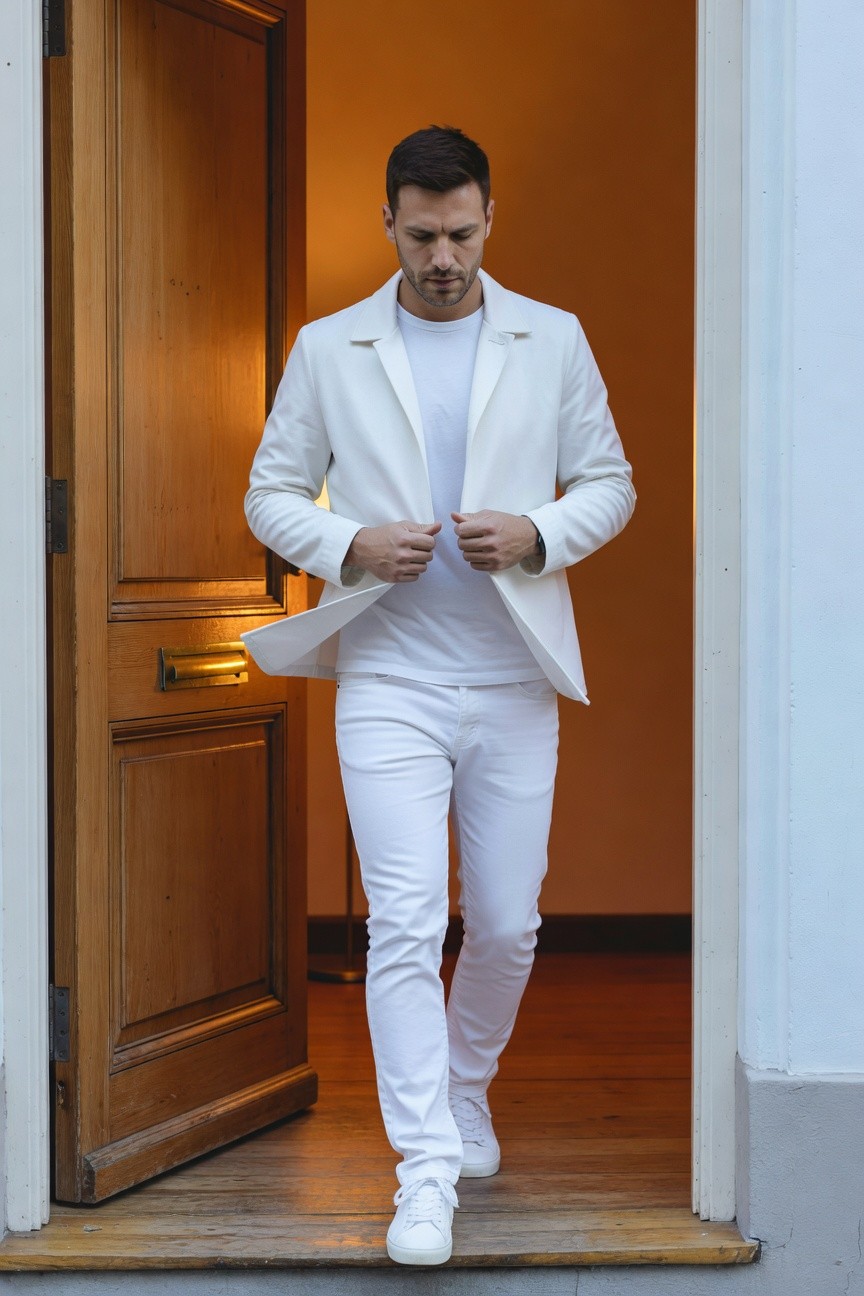 Man in open white blazer over white t-shirt, white slim pants, and white sneakers, posing confidently in a wooden doorway with warm interior light