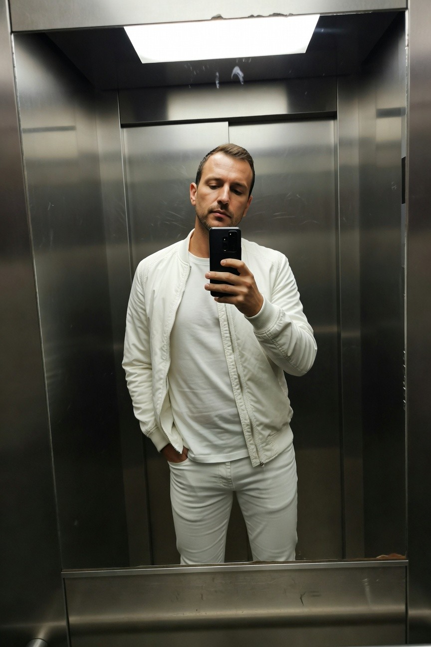 A man takes a mirror selfie in a steel elevator wearing an all-white outfit: unzipped bomber jacket over a white t-shirt, slim white trousers, casual pose with phone in hand and one hand in pocket, soft overhead lighting.