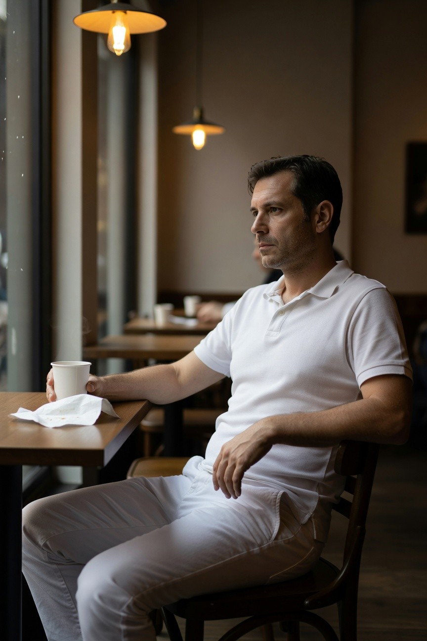 Man in all-white short-sleeved polo shirt and matching relaxed trousers sits pensively at a cafe table by a large window, holding a white coffee cup, surrounded by warm pendant lights and wooden furniture.
