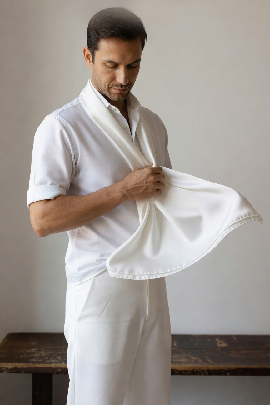 A man in a chic all-white outfit stands confidently, holding a flowing white silk scarf in one hand while wearing a white shirt with rolled sleeves and matching white trousers against a plain backdrop.