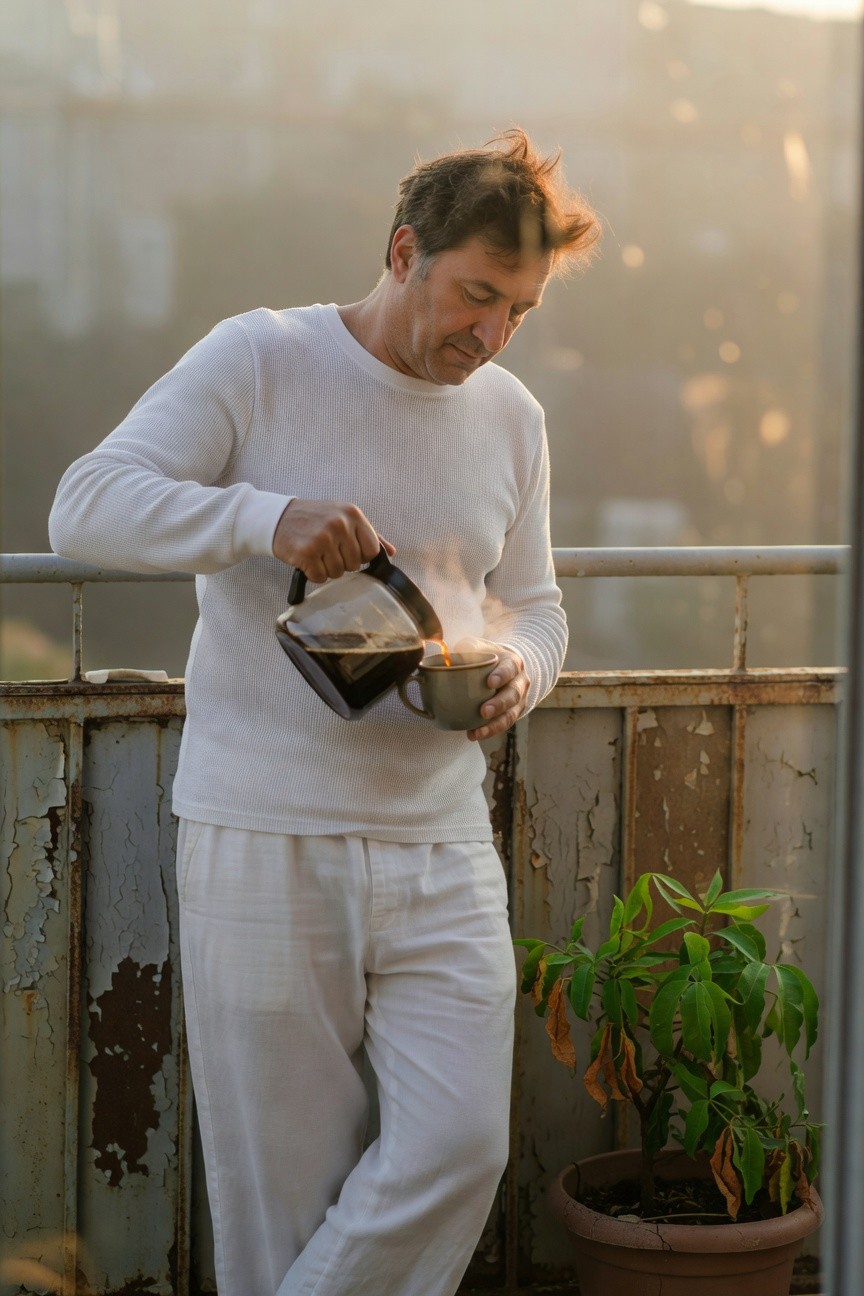 Man in all-white knit sweater and loose linen pants pours coffee from a pot into a mug on a weathered balcony at sunset, evoking relaxed morning luxury amid urban views and potted plants