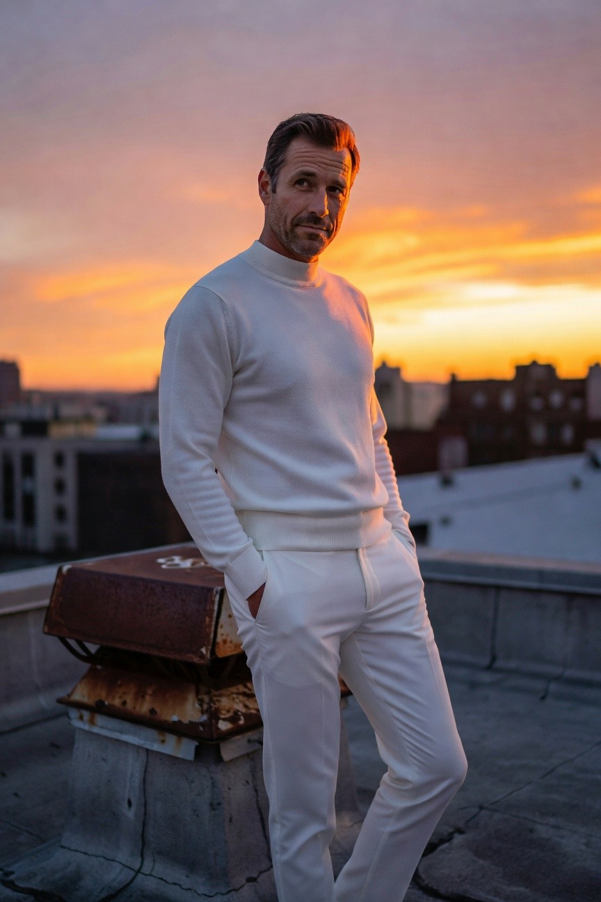 Handsome man with salt-and-pepper hair in fitted white turtleneck sweater and matching slim white trousers, leaning casually on rooftop vent against sunset skyline with city buildings in background
