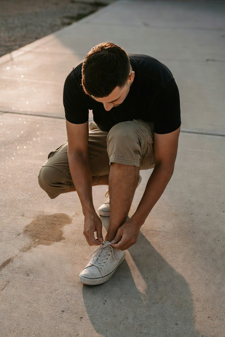 Young man with short dark hair crouching on sunlit concrete, tying white sneakers while wearing black short-sleeve t-shirt and beige knee-length cargo shorts, casual summer vibe at dusk
