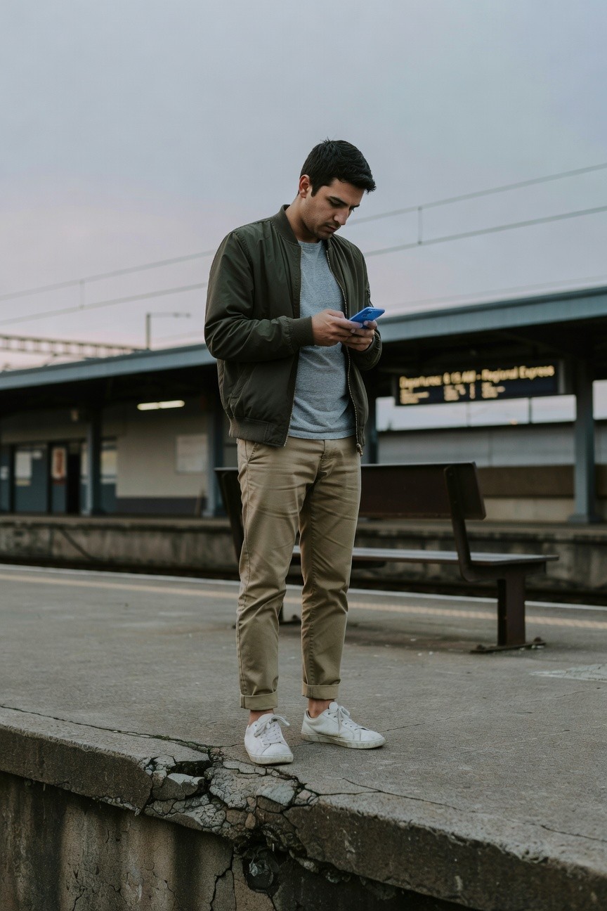 Young man checks his phone on a train platform at twilight, dressed in an olive green bomber jacket over a light gray t-shirt, slim khaki chinos cuffed at the ankles, and white sneakers, with a modern station sign in the background