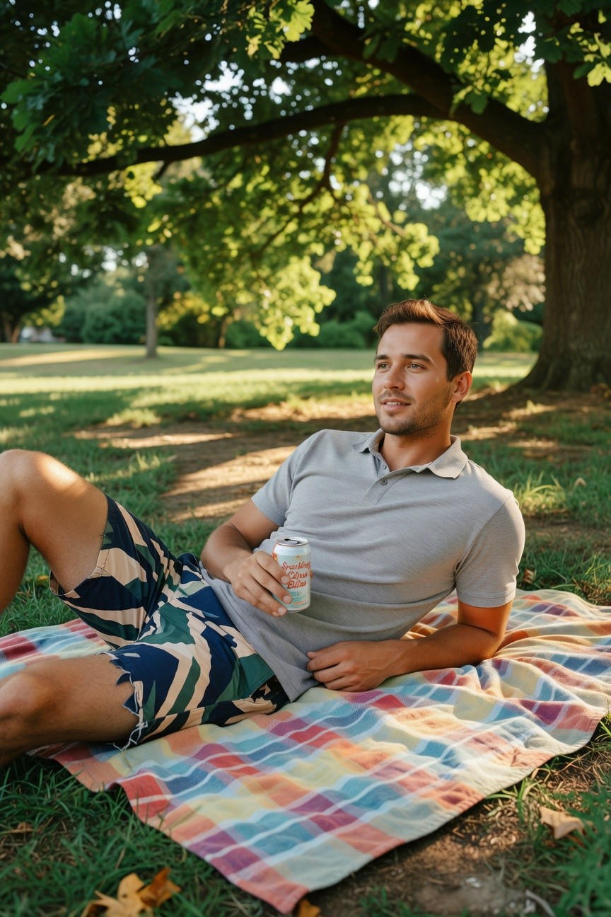 A man lounges relaxed on a colorful plaid picnic blanket in a sunny park under green trees, wearing a light gray short-sleeve polo shirt tucked loosely into mid-thigh camouflage-printed shorts in earthy greens and browns, holding a silver drink can, smiling slightly with bare legs extended.