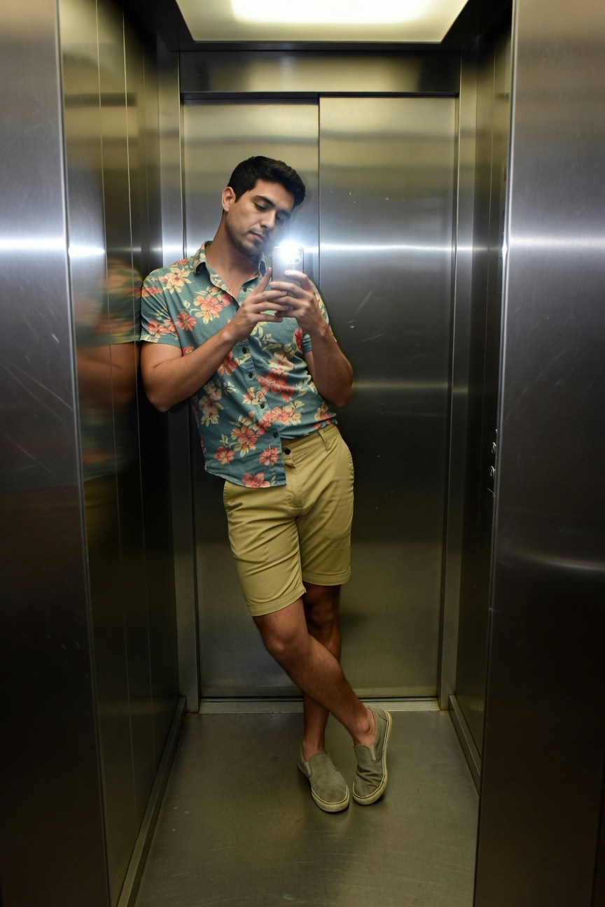 Young man in elevator selfie wearing short-sleeve blue floral print shirt, beige slim shorts, and light gray slip-on shoes, leaning casually against mirrored wall