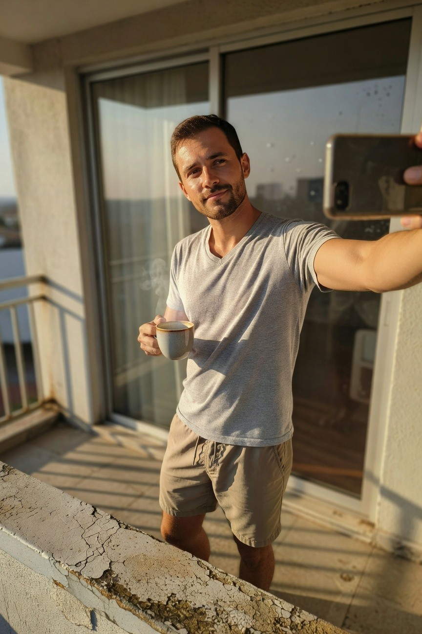 Man taking a selfie on a sunny balcony, wearing a light gray V-neck short-sleeve T-shirt and beige drawstring shorts, holding a mug of steaming drink, glass doors and railing in background
