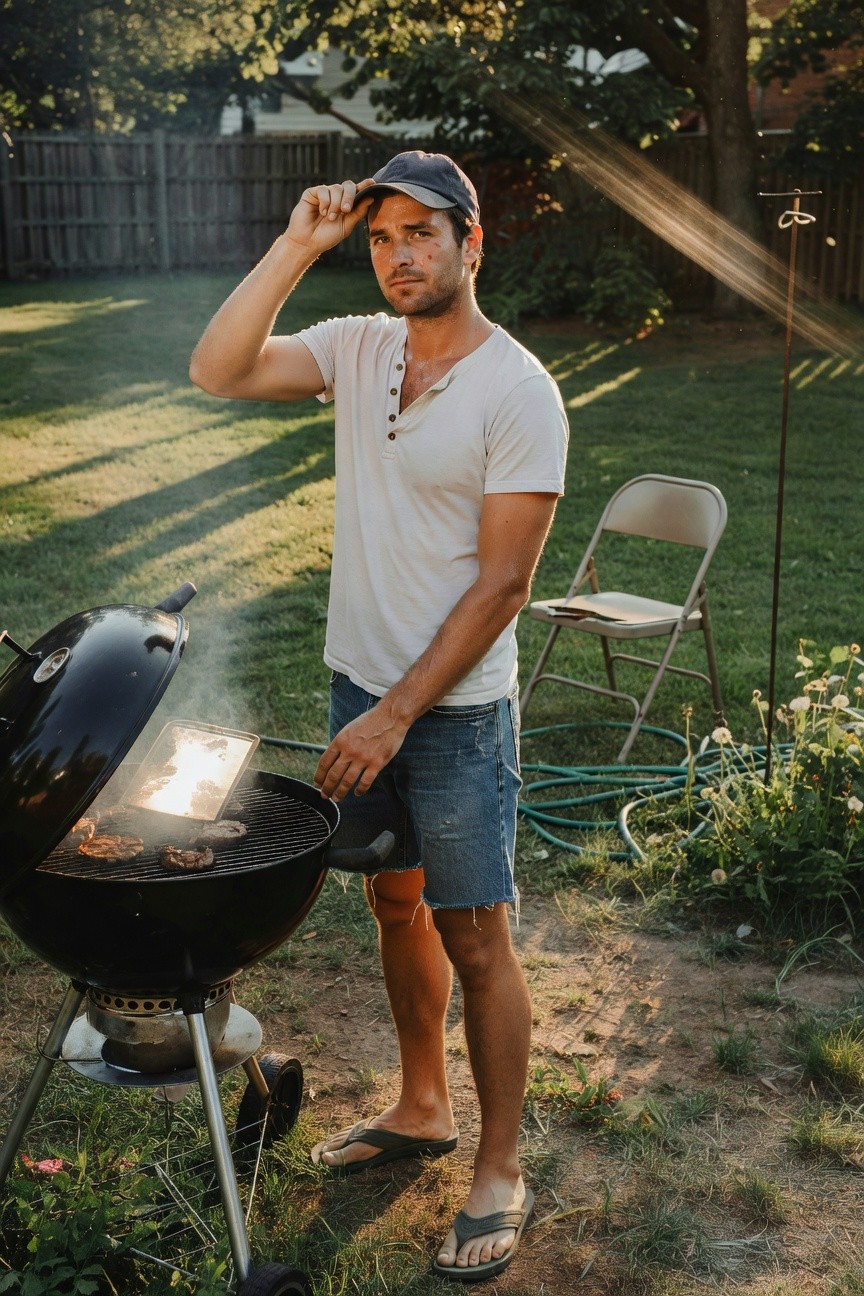 Muscular man in navy cap, open white short-sleeve shirt, cutoff denim shorts, and black flip-flops grills burgers in sunny backyard with trees, fence, and folding chair nearby